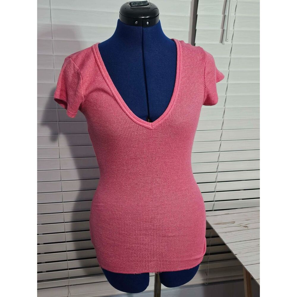 Vintage Michael Stars Pink Ribbed V-Neck Top One Size Fits Most USA